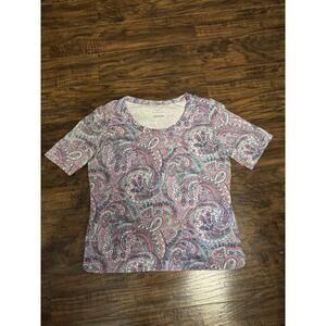 Talbots Size L Purple Multi Rich Paisley Scoop Neck Soft Short Sleeve Tee